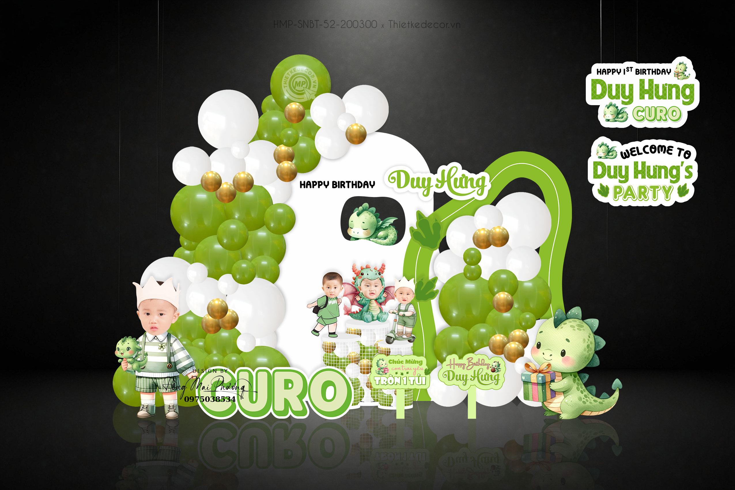 Sinh nhật bé trai tuổi rồng tone xanh lá kèm bảng treo, tem tag